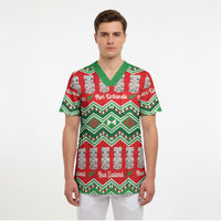 New Zealand Christmas In July Scrub Top Meri Kirihimete Hei Tiki Taniko Motifs Seamless LT14 - Polynesian Pride