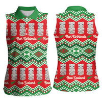 New Zealand Christmas In July Women Sleeveless Polo Shirt Meri Kirihimete Hei Tiki Taniko Motifs Seamless LT14 - Polynesian Pride