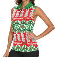 New Zealand Christmas In July Women Sleeveless Polo Shirt Meri Kirihimete Hei Tiki Taniko Motifs Seamless LT14 - Polynesian Pride
