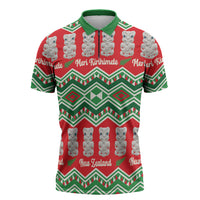 New Zealand Christmas In July Zipper Polo Shirt Meri Kirihimete Hei Tiki Taniko Motifs Seamless LT14 Red - Polynesian Pride