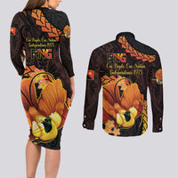 Papua New Guinea Independence Day Couples Matching Long Sleeve Bodycon Dress and Long Sleeve Button Shirt 50th Anniversary Papua Niu Gini Bird Of Paradise LT14 - Polynesian Pride