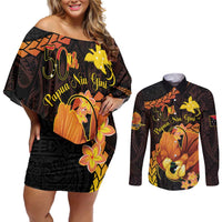 Papua New Guinea Independence Day Couples Matching Off Shoulder Short Dress and Long Sleeve Button Shirt 50th Anniversary Papua Niu Gini Bird Of Paradise LT14 Black - Polynesian Pride