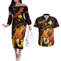 Papua New Guinea Independence Day Couples Matching Off The Shoulder Long Sleeve Dress and Hawaiian Shirt 50th Anniversary Papua Niu Gini Bird Of Paradise LT14 Black - Polynesian Pride