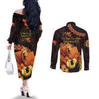 Papua New Guinea Independence Day Couples Matching Off The Shoulder Long Sleeve Dress and Long Sleeve Button Shirt 50th Anniversary Papua Niu Gini Bird Of Paradise LT14 - Polynesian Pride