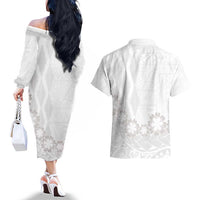 Tonga White Sunday Couples Matching Off The Shoulder Long Sleeve Dress and Hawaiian Shirt Manuia le Aso Sa o Tamaiti Heilala With Ngatu Pattern LT14 - Polynesian Pride
