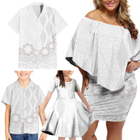 Tonga White Sunday Family Matching Off Shoulder Short Dress and Hawaiian Shirt Manuia le Aso Sa o Tamaiti Heilala With Ngatu Pattern LT14 - Polynesian Pride