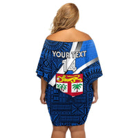 Custom Fiji Rugby Off Shoulder Short Dress World Cup 2023 Go Champions Fijian Tapa Blue Version LT14 - Polynesian Pride