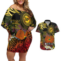 Papua New Guinea 50th Independence Anniversary Couples Matching Off Shoulder Short Dress and Hawaiian Shirt Independen Stet bilong Papua Niu Gini LT14 Black - Polynesian Pride
