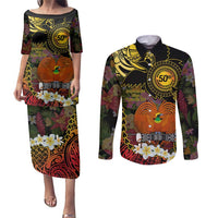 Papua New Guinea 50th Independence Anniversary Couples Matching Puletasi and Long Sleeve Button Shirt Independen Stet bilong Papua Niu Gini LT14 Black - Polynesian Pride