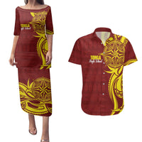 Personalised Tonga High School Couples Matching Puletasi and Hawaiian Shirt THS Tongan Ngatu Pattern LT14 Maroon - Polynesian Pride