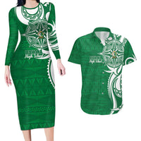 Personalised Liahona - Saineha High School Couples Matching Long Sleeve Bodycon Dress and Hawaiian Shirt Tongan Ngatu Pattern LT14 Green - Polynesian Pride