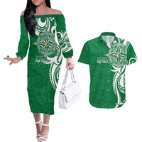 Personalised Liahona - Saineha High School Couples Matching Off The Shoulder Long Sleeve Dress and Hawaiian Shirt Tongan Ngatu Pattern LT14 Green - Polynesian Pride