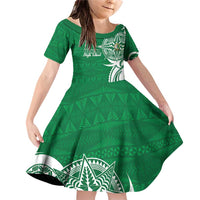 Personalised Liahona - Saineha High School Family Matching Off Shoulder Short Dress and Hawaiian Shirt Tongan Ngatu Pattern LT14 Daughter's Dress Green - Polynesian Pride