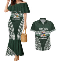 Personalised Tonga Takuilau College Couples Matching Mermaid Dress and Hawaiian Shirt 50th Anniversary Ngatu Kupesi LT14 Green - Polynesian Pride