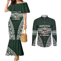 Personalised Tonga Takuilau College Couples Matching Mermaid Dress and Long Sleeve Button Shirt 50th Anniversary Ngatu Kupesi LT14 Green - Polynesian Pride