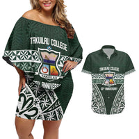 Personalised Tonga Takuilau College Couples Matching Off Shoulder Short Dress and Hawaiian Shirt 50th Anniversary Ngatu Kupesi LT14 Green - Polynesian Pride