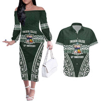 Personalised Tonga Takuilau College Couples Matching Off The Shoulder Long Sleeve Dress and Hawaiian Shirt 50th Anniversary Ngatu Kupesi LT14 Green - Polynesian Pride