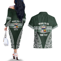 Personalised Tonga Takuilau College Couples Matching Off The Shoulder Long Sleeve Dress and Hawaiian Shirt 50th Anniversary Ngatu Kupesi LT14 - Polynesian Pride