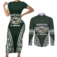 Personalised Tonga Takuilau College Couples Matching Short Sleeve Bodycon Dress and Long Sleeve Button Shirt 50th Anniversary Ngatu Kupesi LT14 Green - Polynesian Pride