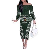 Personalised Tonga Takuilau College Family Matching Off The Shoulder Long Sleeve Dress and Hawaiian Shirt 50th Anniversary Ngatu Kupesi LT14 Mom's Dress Green - Polynesian Pride