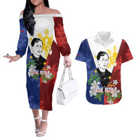 Philippines Rizal Day Couples Matching Off The Shoulder Long Sleeve Dress and Hawaiian Shirt Filipino Sampaguita Grunge Style LT14 Blue - Polynesian Pride