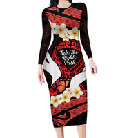 Polynesia AIDS Awareness Month Long Sleeve Bodycon Dress Take The Rights Path Polynesian Pattern LT14 Long Dress Red - Polynesian Pride