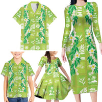 Aloha Hawaii Tuberose Lei Family Matching Long Sleeve Bodycon Dress and Hawaiian Shirt Tropical Vibes Green Color LT14 - Polynesian Pride