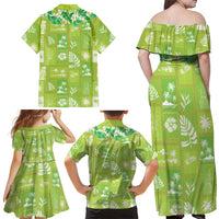 Aloha Hawaii Tuberose Lei Family Matching Off Shoulder Maxi Dress and Hawaiian Shirt Tropical Vibes Green Color LT14 - Polynesian Pride