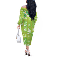 Aloha Hawaii Tuberose Lei Off The Shoulder Long Sleeve Dress Tropical Vibes Green Color - Polynesian Pride