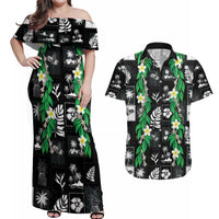 Aloha Hawaii Tuberose Lei Couples Matching Off Shoulder Maxi Dress and Hawaiian Shirt Tropical Vibes Black Color - Polynesian Pride
