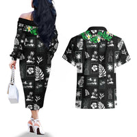 Aloha Hawaii Tuberose Lei Couples Matching Off The Shoulder Long Sleeve Dress and Hawaiian Shirt Tropical Vibes Black Color LT14 - Polynesian Pride