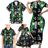 Aloha Hawaii Tuberose Lei Family Matching Short Sleeve Bodycon Dress and Hawaiian Shirt Tropical Vibes Black Color LT14 - Polynesian Pride