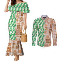 Aloha Hawaii Palaka Tuberose Lei Couples Matching Mermaid Dress and Long Sleeve Button Shirt Hawaiian Quilt Seamless Style - Polynesian Pride