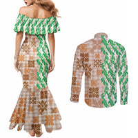 Aloha Hawaii Palaka Tuberose Lei Couples Matching Mermaid Dress and Long Sleeve Button Shirt Hawaiian Quilt Seamless Style - Polynesian Pride