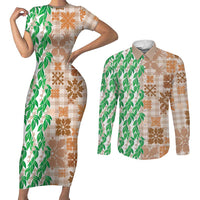 Aloha Hawaii Palaka Tuberose Lei Couples Matching Short Sleeve Bodycon Dress and Long Sleeve Button Shirt Hawaiian Quilt Seamless Style - Polynesian Pride