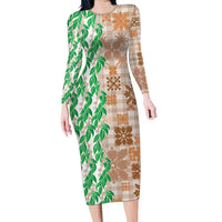 Aloha Hawaii Palaka Tuberose Lei Family Matching Long Sleeve Bodycon Dress and Hawaiian Shirt Hawaiian Quilt Seamless Style LT14 Beige - Polynesian Pride