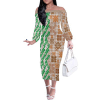 Aloha Hawaii Palaka Tuberose Lei Family Matching Off The Shoulder Long Sleeve Dress and Hawaiian Shirt Hawaiian Quilt Seamless Style LT14 Beige - Polynesian Pride