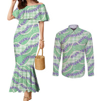 Pastel Green Hawaii Palaka Honohono Pikake Couples Matching Mermaid Dress and Long Sleeve Button Shirt Hawaiian Orchid Lei Polynesian Pattern LT14 Pastel Green - Polynesian Pride