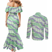 Pastel Green Hawaii Palaka Honohono Pikake Couples Matching Mermaid Dress and Long Sleeve Button Shirt Hawaiian Orchid Lei Polynesian Pattern LT14 - Polynesian Pride