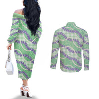 Pastel Green Hawaii Palaka Honohono Pikake Couples Matching Off The Shoulder Long Sleeve Dress and Long Sleeve Button Shirt Hawaiian Orchid Lei Polynesian Pattern LT14 - Polynesian Pride