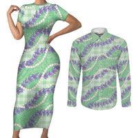 Pastel Green Hawaii Palaka Honohono Pikake Couples Matching Short Sleeve Bodycon Dress and Long Sleeve Button Shirt Hawaiian Orchid Lei Polynesian Pattern LT14 Pastel Green - Polynesian Pride