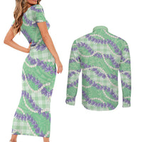 Pastel Green Hawaii Palaka Honohono Pikake Couples Matching Short Sleeve Bodycon Dress and Long Sleeve Button Shirt Hawaiian Orchid Lei Polynesian Pattern LT14 - Polynesian Pride