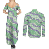 Pastel Green Hawaii Palaka Honohono Pikake Couples Matching Summer Maxi Dress and Long Sleeve Button Shirt Hawaiian Orchid Lei Polynesian Pattern - Polynesian Pride