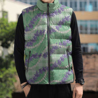 Pastel Green Hawaii Palaka Honohono Pikake Sleeveless Puffer Jacket Hawaiian Orchid Lei Polynesian Pattern - Polynesian Pride