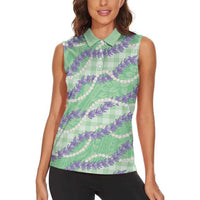 Pastel Green Hawaii Palaka Honohono Pikake Women Sleeveless Polo Shirt Hawaiian Orchid Lei Polynesian Pattern LT14 - Polynesian Pride