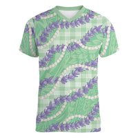 Pastel Green Hawaii Palaka Honohono Pikake Women V-Neck T-Shirt Hawaiian Orchid Lei Polynesian Pattern - Polynesian Pride
