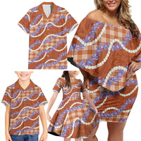 Orange Hawaii Palaka Honohono Pikake Family Matching Off Shoulder Short Dress and Hawaiian Shirt Hawaiian Orchid Lei Polynesian Pattern LT14 - Polynesian Pride