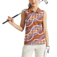 Orange Hawaii Palaka Honohono Pikake Women Sleeveless Polo Shirt Hawaiian Orchid Lei Polynesian Pattern LT14 - Polynesian Pride
