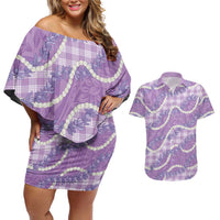 Purple Hawaii Palaka Honohono Pikake Couples Matching Off Shoulder Short Dress and Hawaiian Shirt Hawaiian Orchid Lei Polynesian Pattern LT14 Purple - Polynesian Pride