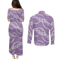 Purple Hawaii Palaka Honohono Pikake Couples Matching Puletasi and Long Sleeve Button Shirt Hawaiian Orchid Lei Polynesian Pattern - Polynesian Pride